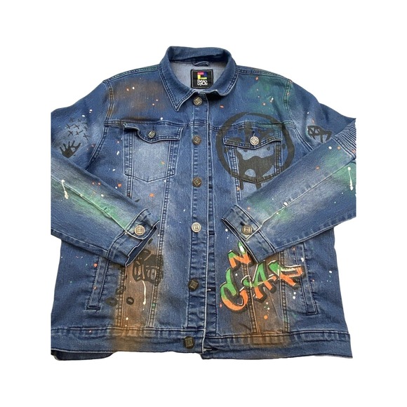 Demo Lition Other - Demo Lition Jacket Mens XL Blue Denim Graffiti Biker NO CAP HUSTLE Art Street